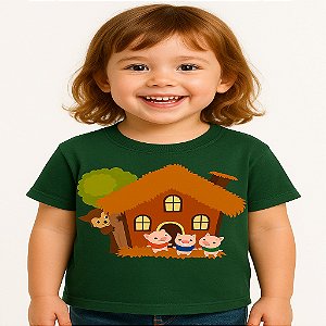 camiseta três porquinhos com lobinho unissex infantil 100% algodão verde escuro tamanhos 2 a 6 anos