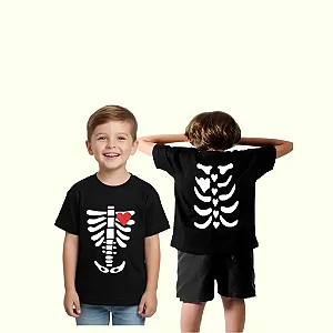 camiseta esqueleto halloween infantil unissex algodão frente e costas tamanhos 2 a 8 anos