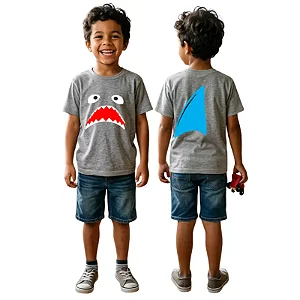 camiseta infantil menino tubarão mescla festa temática frente costas algodão tamanhos 2 a 10 anos
