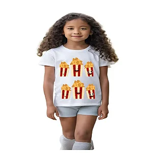 camiseta infantil customizada pipoca divertida 100% algodão confortável tamanhos 2 a 10