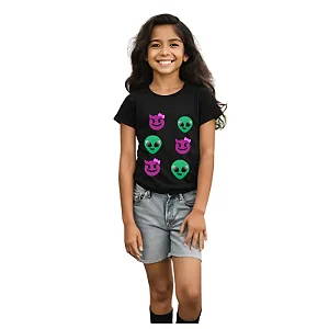 camiseta customizada infantil menina simbolos divertidos 100% algodão confortável tamanhos 2 a 10