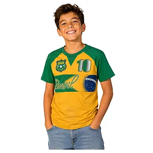camiseta Brasil infantil masculina futebol 100% algodão macia confortável tamanhos 8 a 16