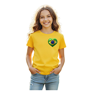 camiseta infantil Brasil escudo coração 100% algodão macia confortável tamanhos 2 a 16