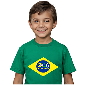 camiseta copa infantil estampa Brasil 100% algodão macia confortável tamanhos 2 a 16