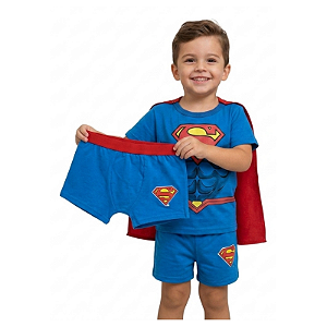kit presente infantil menino super homem camiseta com capa cueca boxer algodão tamanhos 8 e 10 anos