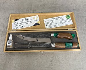 KIT FULL CARBONO VERDE - Churrasco 8" + Garfo 8" + Caixa de Madeira