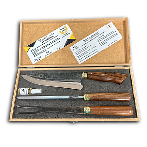 KIT FULL CARBONO MADEIRA - Churrasco 8" + Chaira 8" + Garfo 8" + Caixa de Madeira