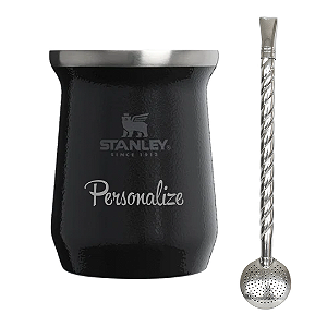 Kit Cuia Térmica Inox Stanley Preta Personalizada Para Chimarrão e Tereré + Bomba Inox Giro