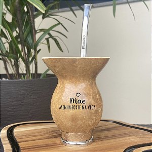 Presente Mãe - Kit Cuia de Porongo Pé Metal Prata + Bomba Personalizada