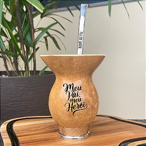 Presente Pai - Kit Cuia de Porongo Personalizada Pé Metal Prata + Bomba
