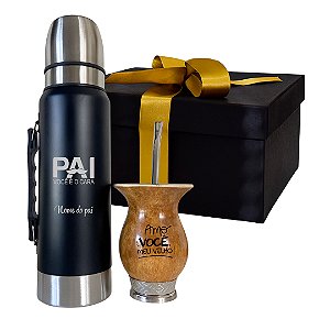 Caixa Presente Pai - Kit Térmica Inox 1L + Cuia de Porongo Personalizada Pé Metal Prata + Bomba