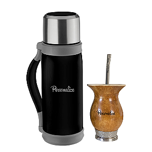 Kit Térmica Inox 1.2L + Cuia de Porongo Personalizada Pé Metal Prata + Bomba