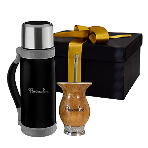 Caixa Presente Para Eles - Kit Térmica Inox 1.2L + Cuia de Porongo Personalizada Pé Metal Prata + Bomba
