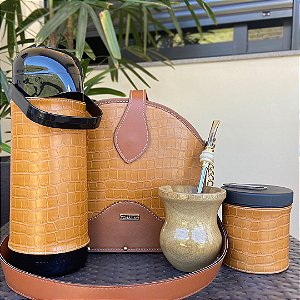 Mateira Prenda com Cuia Personalizada - Couro Sintético Bege e Marrom