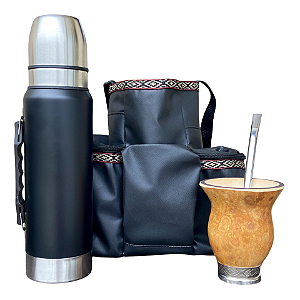 Kit Mateira Masculina Argentina Couro Sintético + Térmica Inox 1L + Cuia Porongo + Bomba