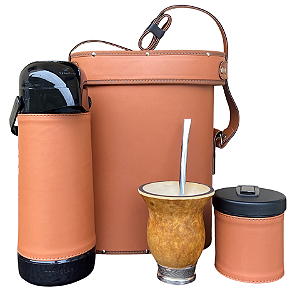 kit Mateira Masculina Fechada 3 Peças Personalizada Couro Sintético Caramelo + Cuia Porongo + Bomba