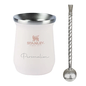 Kit Cuia Térmica Inox Stanley Branca / Rosé Personalizada Para Chimarrão e Tereré + Bomba Inox Giro