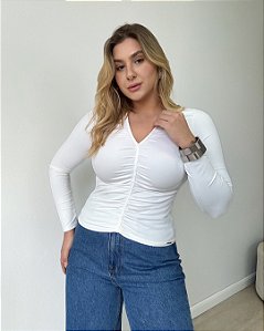 Blusa manga longa com drapeado frontal Amália