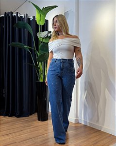 Calça wide leg jeans com strass Liana