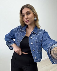 Jaqueta Jeans Cropped Com Strass Liana