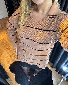 Blusa Em Tricô Listrada Gola Polo Pietra