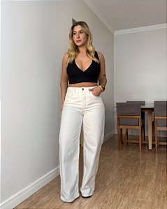 Calça Wide Leg Em Sarja Off White Talita