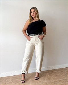 Calça Barrel Em Sarja Bege Nayra