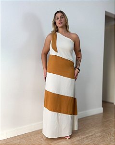 Vestido Longo Com Manga Única E Duo De Tecidos Janaína