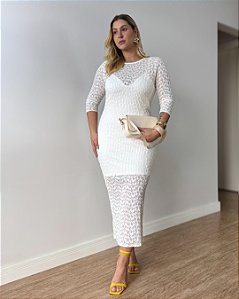 Vestido Midi Em Renda Com Mangas Cintia