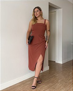 Vestido Midi Com Decote Reto Drapeados Laterais Juli