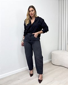 Calça Barrel Jeans Preta Estonada Maya