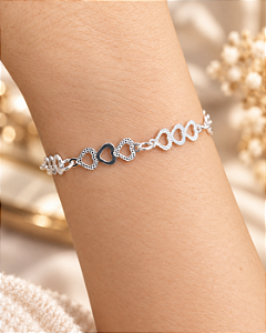 Pulseira c/ Corações - Prata 925 - 19 cm