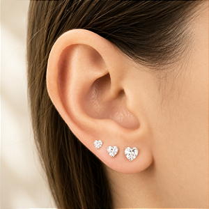 Trio Brincos Corações Zircônias 3mm - 4mm - 5mm - Prata 925