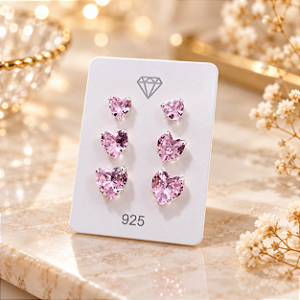 Trio Coração Rosa - Prata 925 - 6mm - 5mm - 4mm - MB640-930
