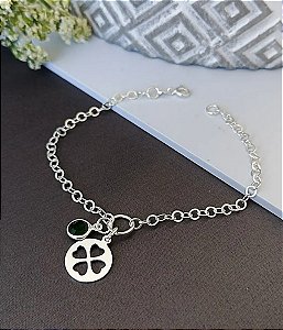 Pulseira Trevo com Pedra Verde Prata 925 - 18cm - MP13-2036