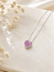 Gargantilha Coração Cravejado Rosa - Prata 925 - MC77-2244