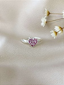 Anel Coração Cravejado Rosa - Prata 925 - MA107-2548