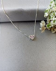 Gargantilha Coração Cravejado Rosa - Prata 925 - MC120-1836