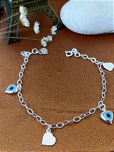 Pulseira Olho Grego Com Corações - Prata 925 - MP148-2448