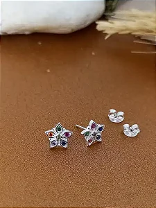 Brinco Flor Com Zircônias Color - Prata 925 - MB205-1836