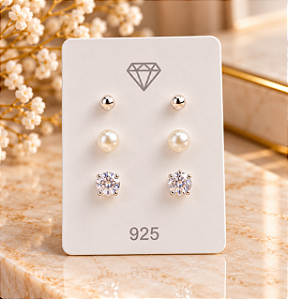 Brinco Trio Ponto De Luz - Pérola - Bolinha - Prata 925