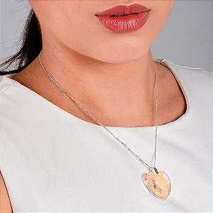 Gargantilha com Pingente Coração Furta-Cor - Vidro -  Prata 925