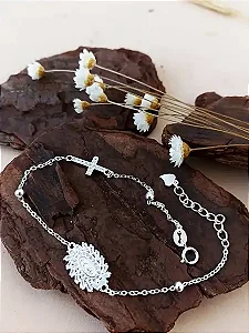 Pulseira Nossa Sra. + Cruz Cravejada - Prata 925