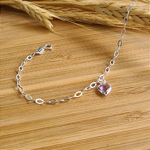 Pulseira Com  Coração Lilás - Prata 925