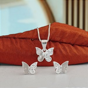 Conjunto Borboleta Cravejada Com Madrepérola - Prata 925