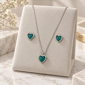 Conjunto Coração Zircônia Verde Agua - Prata 925