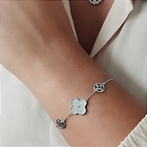 Pulseira Trevo Cravejado - Prata 925 - Ródio