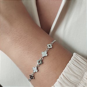 Pulseira Trevo Cravejado - Prata 925 - Ródio