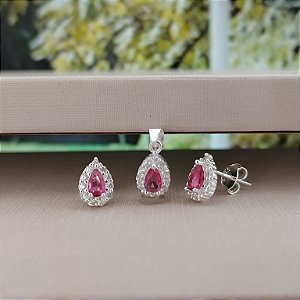 Conjunto Gota Pingente e Brinco Cravejado - Prata 925