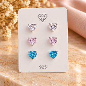 Trio de Brincos Coração Color Zircônias - Prata 925 - 4mm